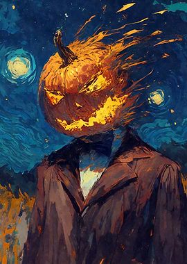 Pumpkin Head Man Starry Night