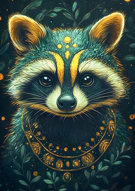 Raccoon Portrait with Gold Accents