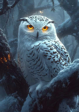 Snowy Owl in Winter Forest