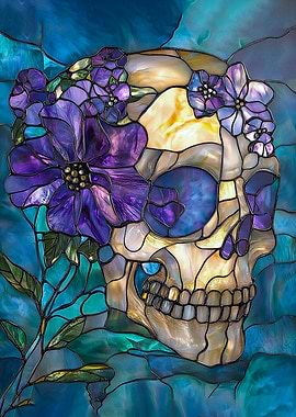 Stained Glass Skull with Flowers