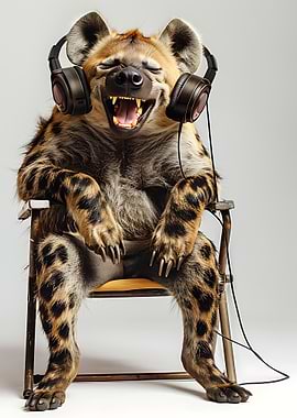 Laughing Hyena with Headphones' Poster, picture, metal print