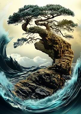 Bonsai Tree on a Cliff with Waves
