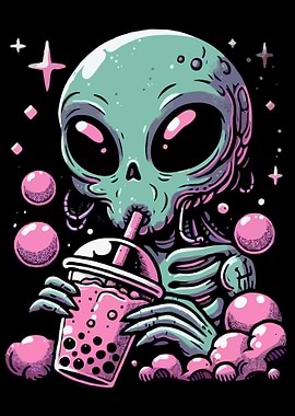 Alien Drinking Boba Tea