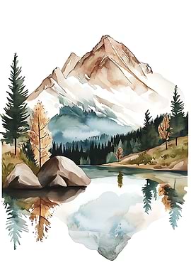 A watercolor painting portrays a calm mountain lake scene, with a towering snow-capped mountain, vibrant trees, and the lake mirroring the peaceful landscape.