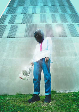 Man in Helmet with Flowers
