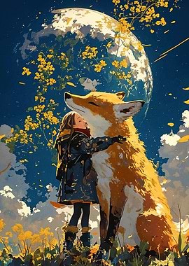 Girl and Fox Under the Moo