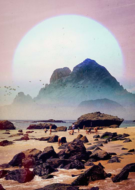 Sunrise Serenity: Pink Beachscape with White Sun and Mountains