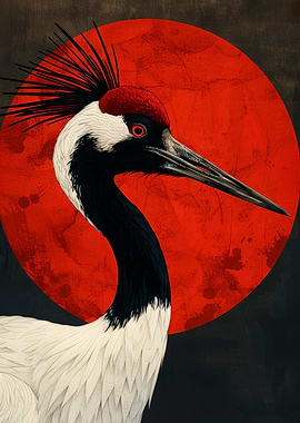 Black-necked Crane with Red Moon