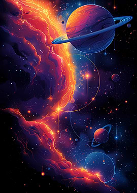 Cosmic Nebula with Planets in Outer Space Neon Illustration Galaxy