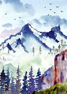 Watercolor Mountain Landscape