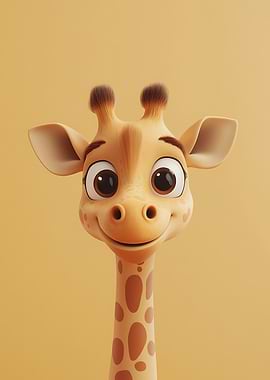 A playful cartoon giraffe with large, expressive eyes and a wide smile. Its soft fur and long neck are covered in brown spots.