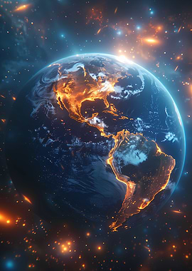 Earth from Space Glowing Globe Citylights Galaxy