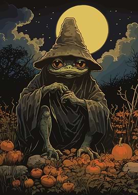 Frog Wizard with Pumpkins