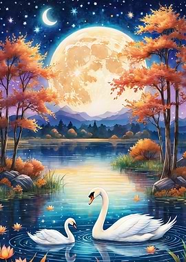 Moonlit Swan Lake digital painting