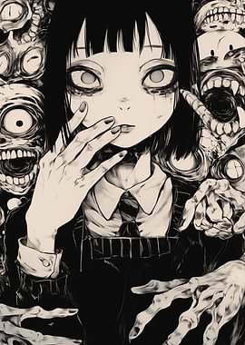 Anime Girl Surrounded by Monsters