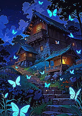 Nighttime Village with Butterflies