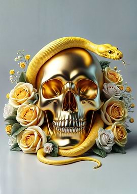 Golden Skull with Snake and Roses