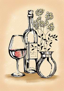 Wine and Flowers Still Life