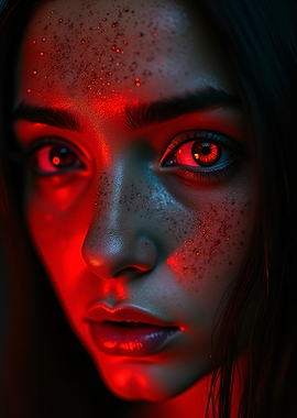 Red Light Girl Glowing Eyes Portrait