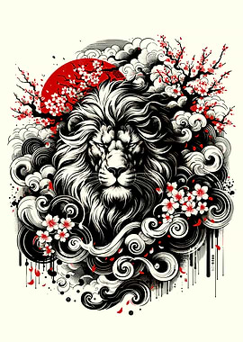 Ukiyo-e Lion with Cherry Blossoms