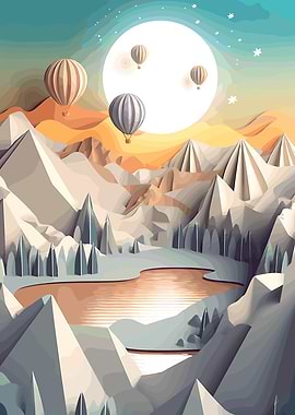 Mountain Lake with Hot Air Balloons