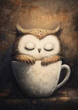 Sleeping Owl in Coffee Cup