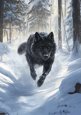 Black Wolf in Winter Forest