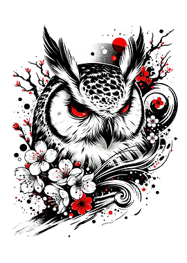 Ukiyo-e Owl with Cherry Blossoms Black and White