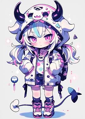 Kawaii Anime Girl with Cow Hood