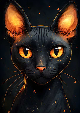 Fantasy Sphynx Black Cat Portrait