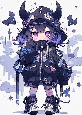 Anime Girl with Horns and Hoodie