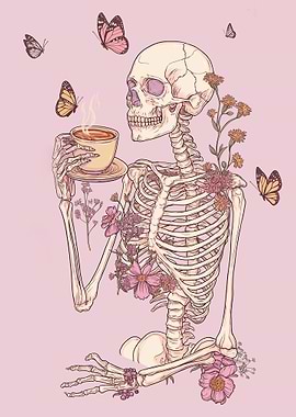 Skeleton with Flowers and Tea