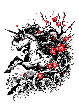 Ukiyo-e Unicorn with Cherry Blossoms