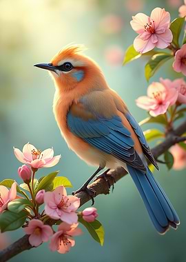 Colorful Bird on Branch with Flowers