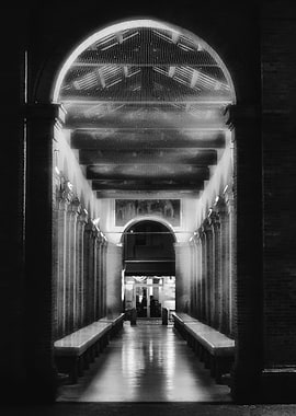 Black and White Arched Passageway in Rimini historical center by night