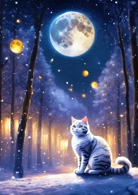 Cat in Moonlight Forest