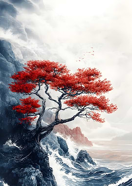 Red Tree on Cliffside