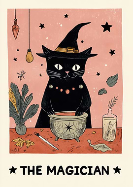 Black Cat The Magician Tarot Card