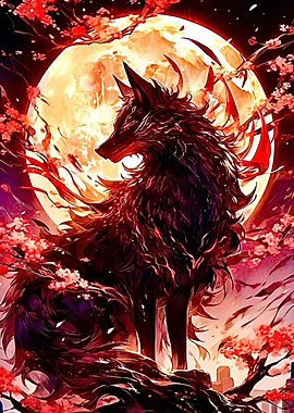 Black Wolf Under Full Moon