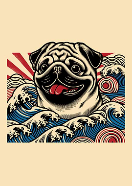 Pug in Japanese Waves
