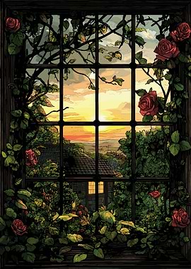 Red Roses and Sunset View Through Window