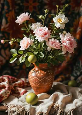 Pink Flowers, Patterned Clay Vase, Boho Chic, Ethnic Pattern, Lime, Green Lemon, Red