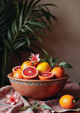 Blood Orange Still Life, Boho Chic, Tablecloth Pattern, Lemon, Pink Red