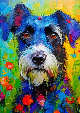 Schnauzer Dog Portrait in Flowers