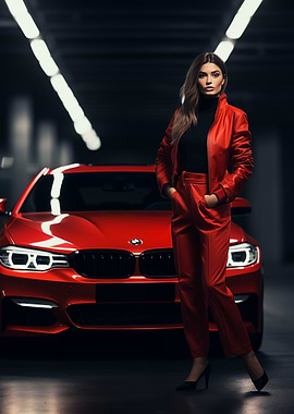 Red BMW and stylish woman