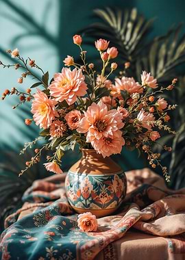 Floral Arrangement in Ceramic Vase, Boho Chic, Ethnic Pattern, Pink, Turquoise