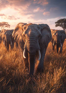 Elephant Herd at Sunset