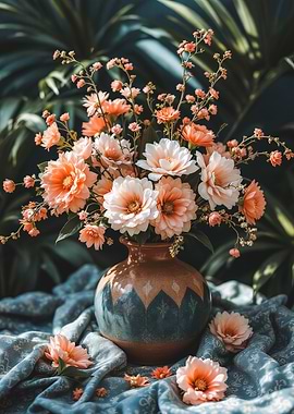 Peach and White Flower Arrangement, Boho Chic, Ethnic Pattern, Blue, Teal