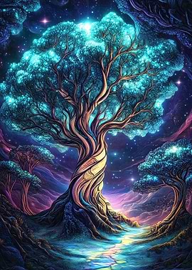 Glowing Tree in Night Sky