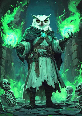 Owl Wizard with Green Flames